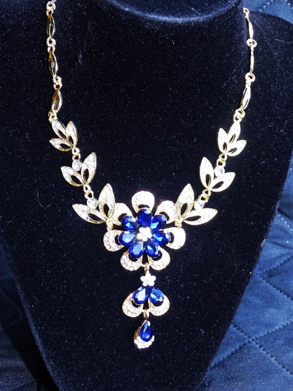 Gold Tone Statement Necklace -Faux Sapphires and Crystals